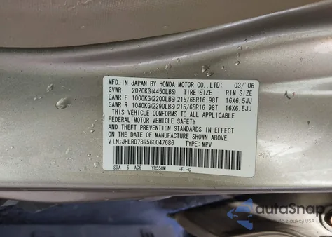 2006 Honda Cr-V Se z USA, uszkodzony, nr VIN JHLRD78956C047686